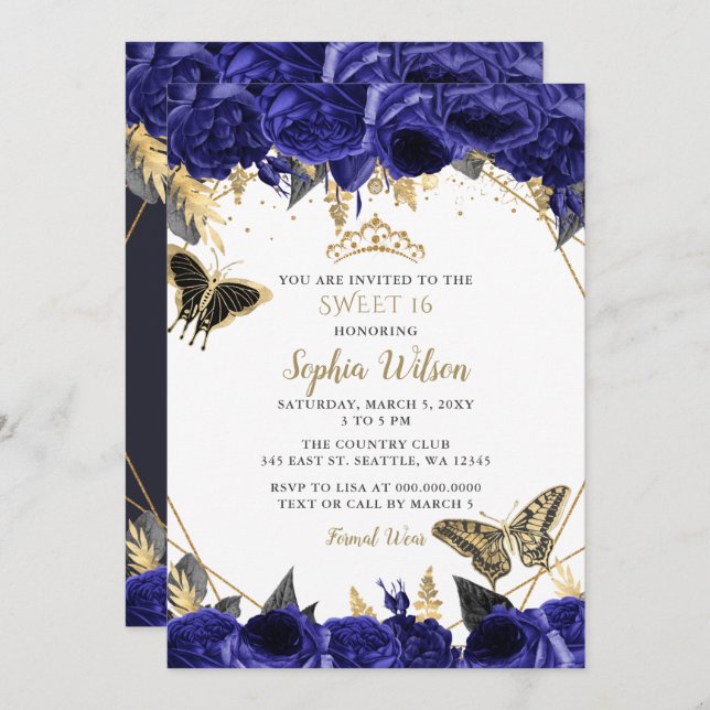Royal Blue Gold Floral Butterfly Sweet 16 Invitation (Front/Back)