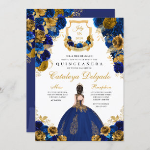 Royal Blue & Gold Floral Elegant Quinceañera Invitation