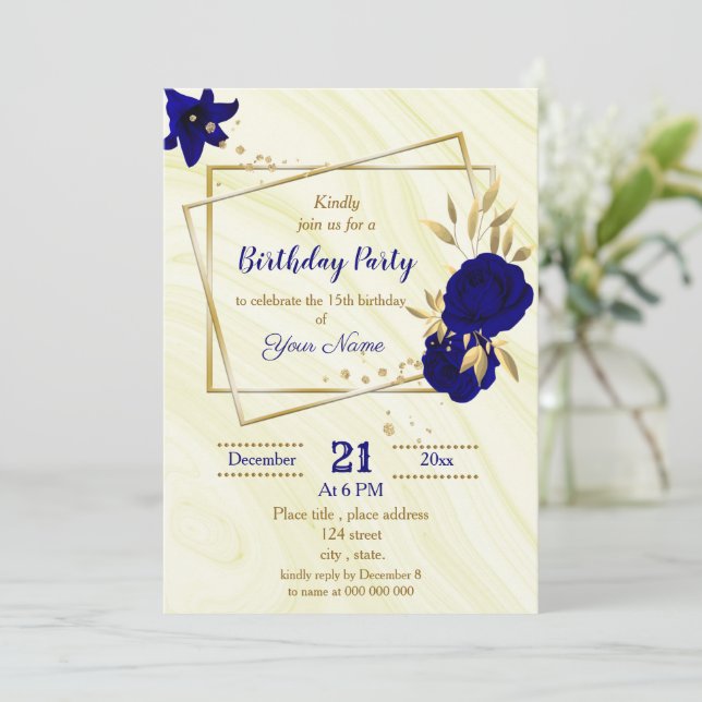 royal blue gold floral geometric birthday party  i invitation (Standing Front)