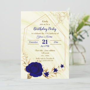 royal blue gold floral geometric birthday party invitation