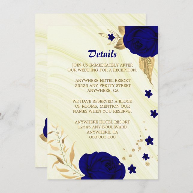 Royal blue gold floral marble details enclosure card (Front/Back)