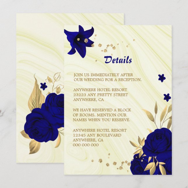 Royal blue gold floral marble details enclosure card (Front/Back)
