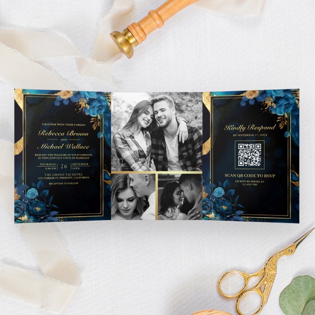 Royal Blue Gold Floral Marble QR Code Wedding Tri-Fold Invitation (Creator Uploaded)