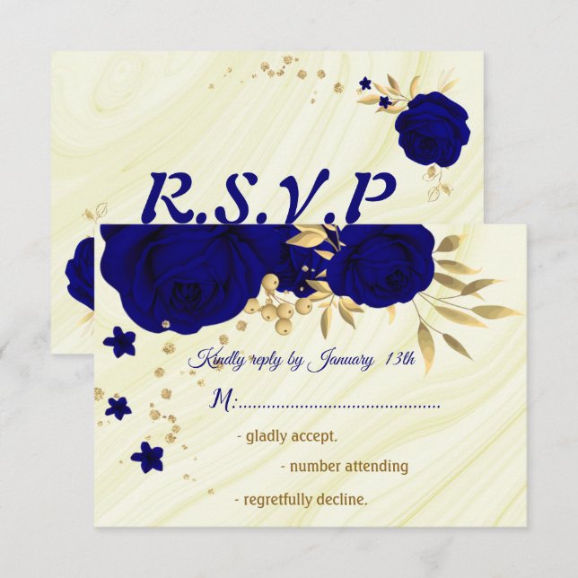 royal blue gold floral marble RSVP card (Front/Back)