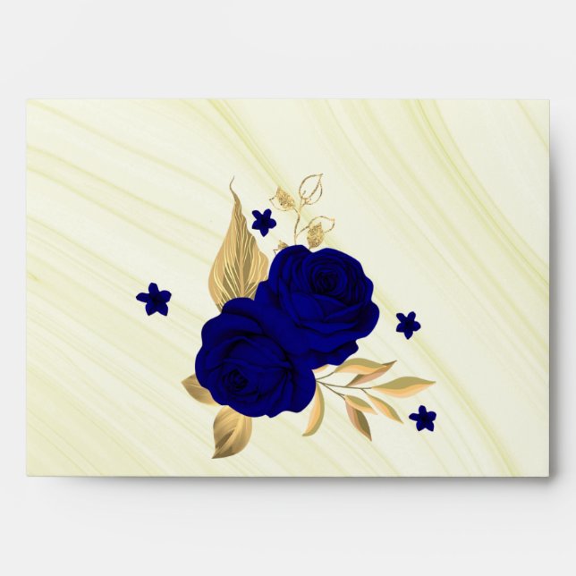 royal blue gold floral marble wedding envelope (Front)