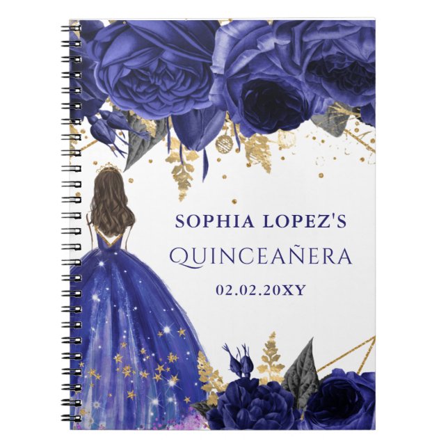 Royal Blue Gold Floral Princess Quinceanera    Notebook (Front)