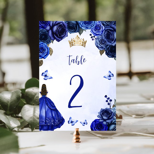 Royal Blue Gold Floral Princess Quinceañera Table Number (Creator Uploaded)
