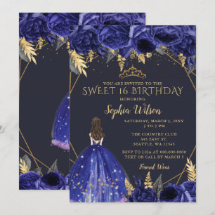Royal Blue Gold Floral Princess Sweet 16 Invitation