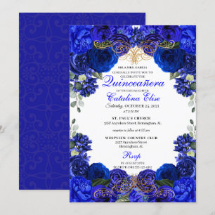 Royal Blue & Gold Floral Quinceanera Birthday Invitation