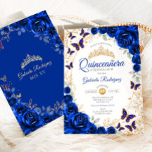 Royal Blue Gold Floral Quinceanera