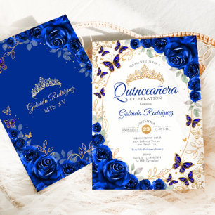 Royal Blue Gold Floral Quinceanera Invitation