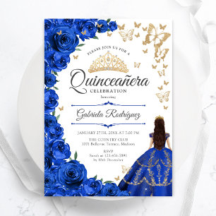 Royal Blue Gold Floral Quinceanera Invitation