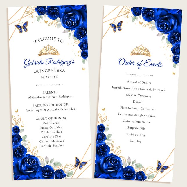 Royal Blue Gold Floral Quinceanera Order of Events Program (Creator Uploaded)