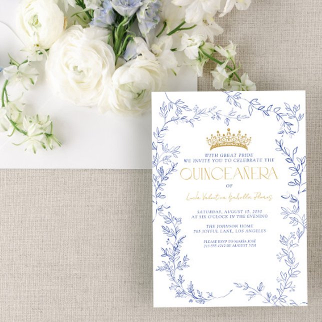 Royal Blue Gold Floral Quinceañera Quince Años Invitation (Creator Uploaded)