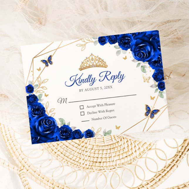 Royal Blue Gold Floral Quinceanera Reply RSVP Card (Creator Uploaded)