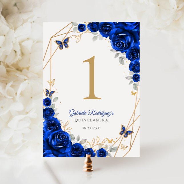 Royal Blue Gold Floral Quinceanera Table Number (Creator Uploaded)