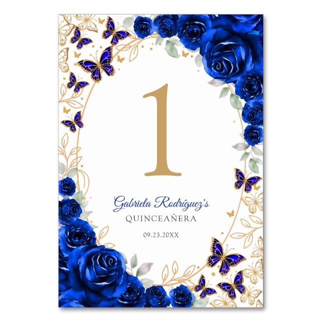 Royal Blue Gold Floral Quinceanera Table Number (Front)