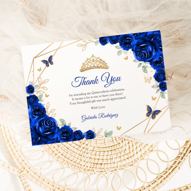 Royal Blue Gold Floral Quinceanera Thank You Card (Creator Uploaded)