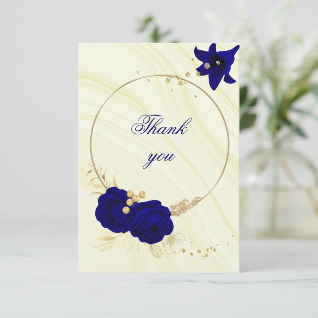 royal blue gold floral wreath thank you card (Standing Front)
