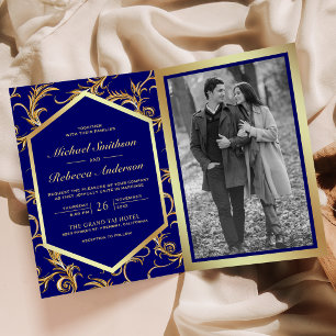 Royal Blue Gold Flourish Photo QR Code Wedding Invitation