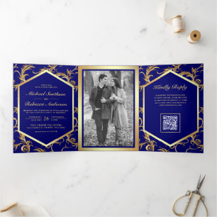 Royal Blue Gold Flourish Photo QR Code Wedding Tri-Fold Invitation
