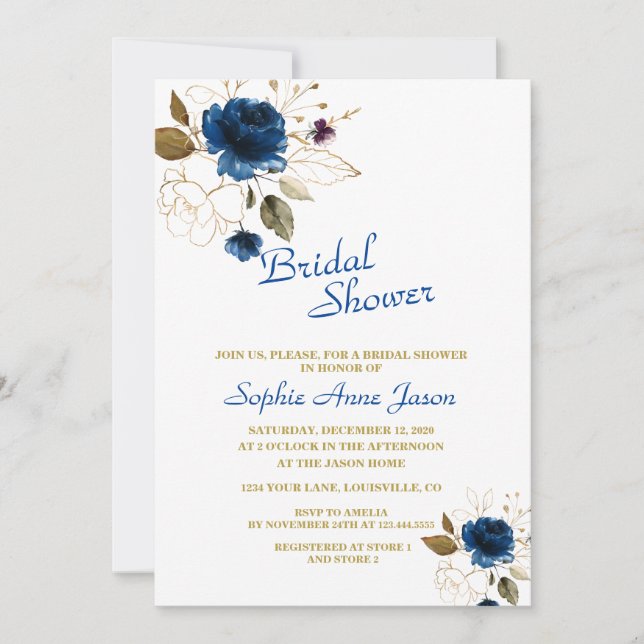 Royal Blue Gold Flowers Monogram Bridal Shower Invitation (Front)