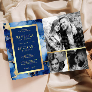 Royal Blue Gold Fluid Ink QR Code Wedding Invitation