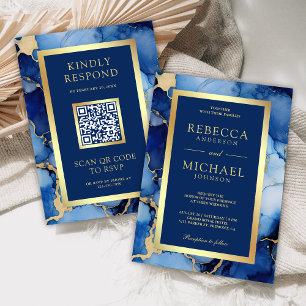 Royal Blue Gold Fluid Ink QR Code Wedding Invitation