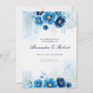 Royal Blue Gold Foil Floral Wedding Invitation