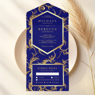 Royal Blue Gold Foil Flourish Swirl Wedding All In One Invitation