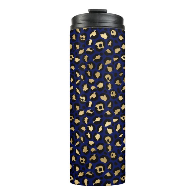 Royal Blue & Gold Glam Leopard Spots Print Thermal Tumbler (Front)