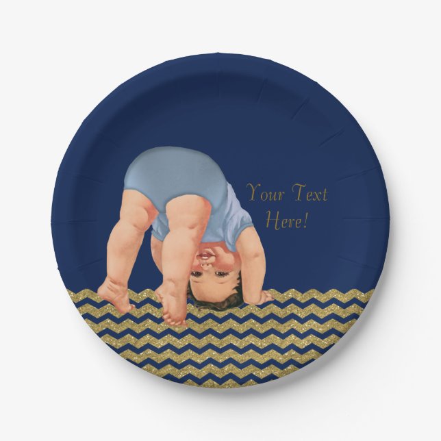 Royal Blue Gold Glitter Chevron Boy Baby Shower Paper Plate (Front)