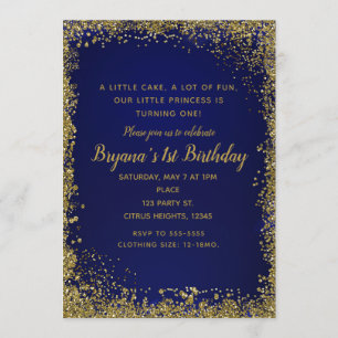 Royal Blue & Gold Glitter Glam 1ST Birthday Party Invitation