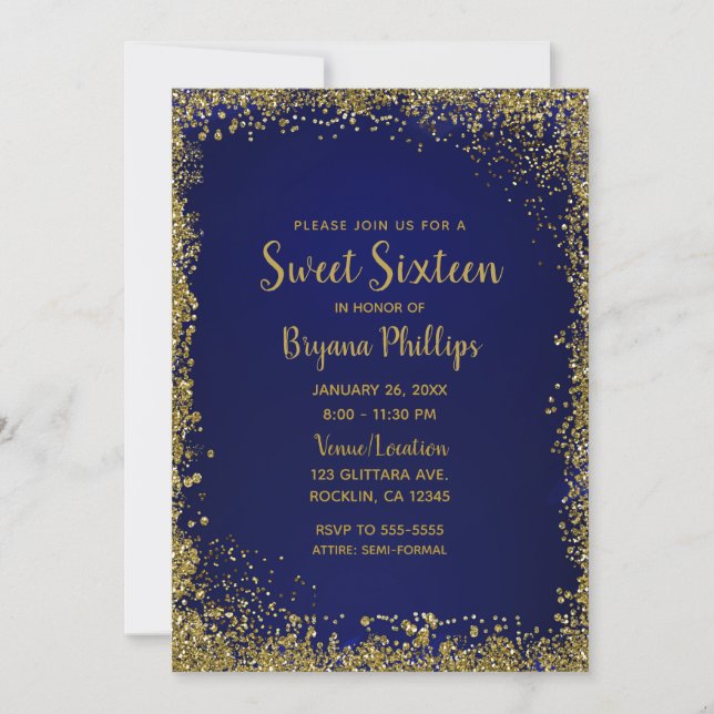 Royal Blue & Gold Glitter Glam Sweet 16 Party Invitation (Front)