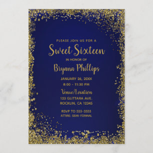 Royal Blue & Gold Glitter Glam Sweet 16 Party Invitation
