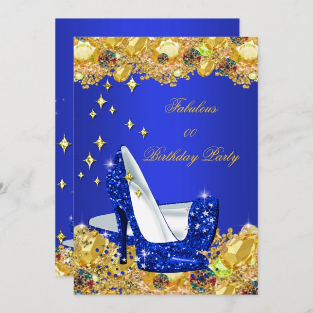 Royal Blue Gold Glitter High Heels Birthday Party Invitation (Front/Back)