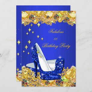 Royal Blue Gold Glitter High Heels Birthday Party Invitation