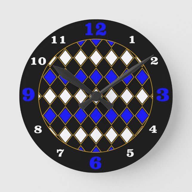 Royal Blue & Gold Harlequin Round Clock (Front)