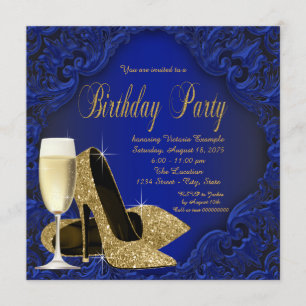 Royal Blue Gold High Heel Champagne Birthday Party Invitation