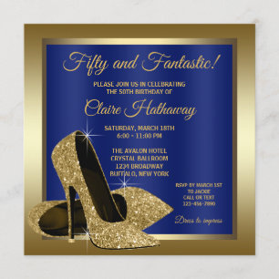 Royal Blue Gold High Heels Birthday Party Invitation