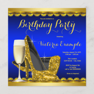 Royal Blue Gold High Heels Birthday Party Invitation