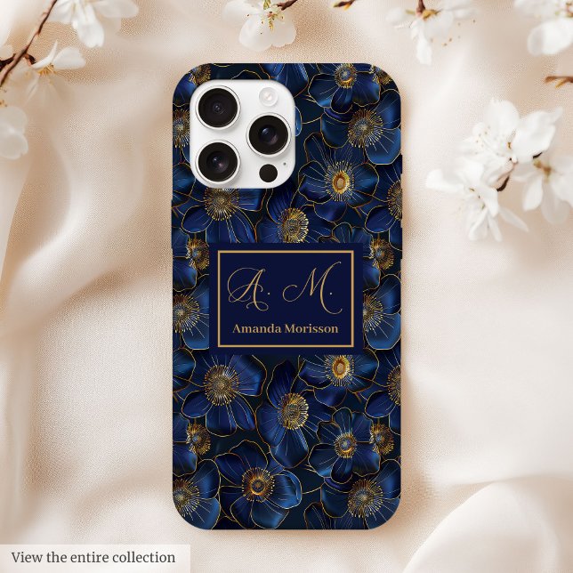 Royal Blue Gold iPhone Case Lux Monogram Floral (Royal Blue Gold iPhone Case Lux Monogram Floral)