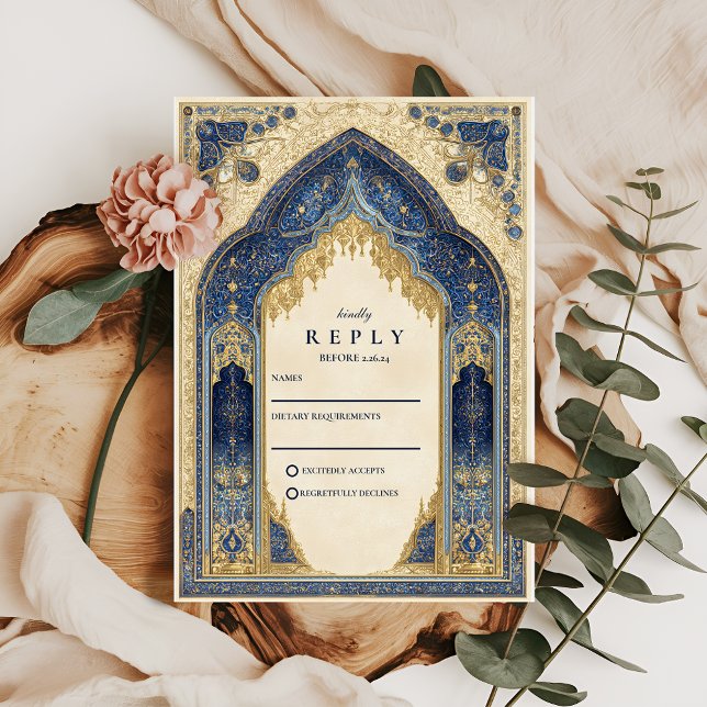 Royal Blue Gold Islamic Wedding RSVP Card (Creator Uploaded)