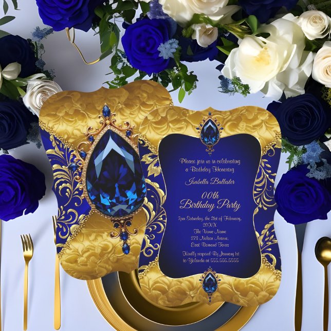 Royal Blue Gold Jewel Damask Birthday Party Invitation (Creator Uploaded)