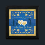 Royal Blue, Gold Joined Hearts Keepsake Box<br><div class="desc">This small wooden box for keepsakes or jewellery has a royal blue and simulated gold tile inlay that has a printed on royal blue ribbon and bow with a pair of jewels and simulated gold glitter joined hearts in the centre. The name of the happy couple is printed in pale...</div>