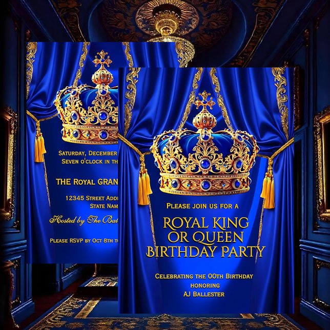 Royal Blue Gold King Queen Crown Birthday Party Invitation (Creator Uploaded)