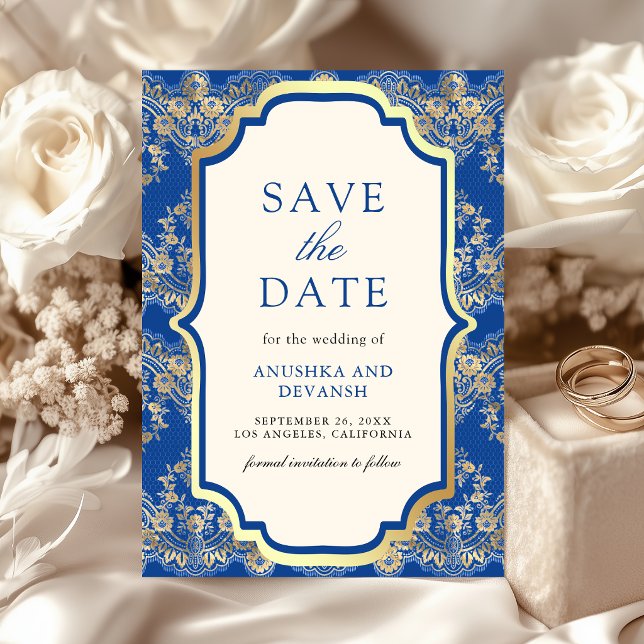 Royal Blue Gold Lace Indian Wedding Save The Date (Creator Uploaded)