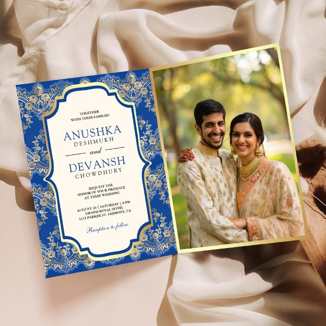 Royal Blue Gold Lace QR Code Photo Indian Wedding Invitation (Creator Uploaded)