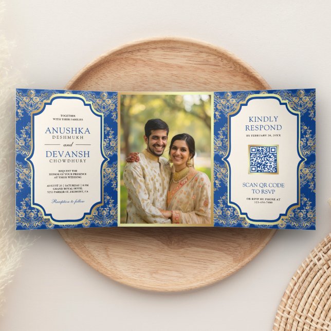Royal Blue Gold Lace QR Code Photo Indian Wedding Tri-Fold Invitation (Creator Uploaded)