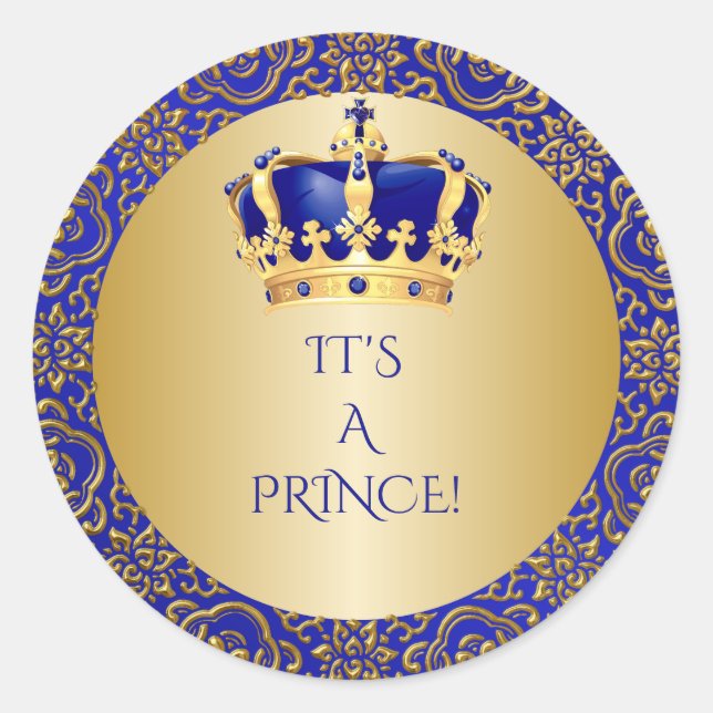 Royal Blue & Gold Little Prince Crown Classic Round Sticker (Front)
